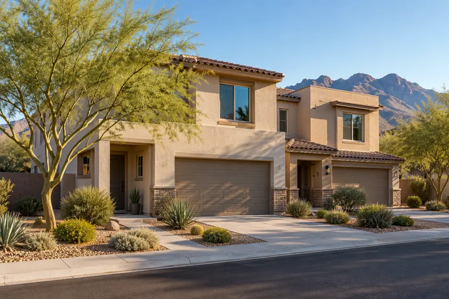 Illustrative exterior of desert townhome pair in Phoenix, Arizona